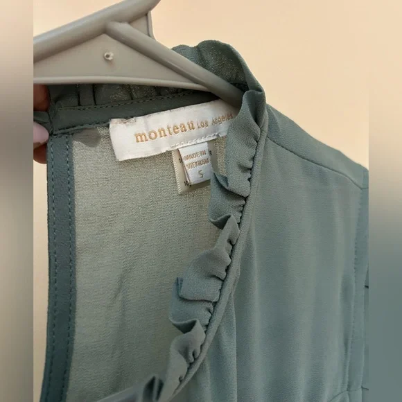 Monteau LA Sage Green Ruffle Sleeveless Blouse | Women S | Sheer Yoke Flowy Top - Picture 4 of 7